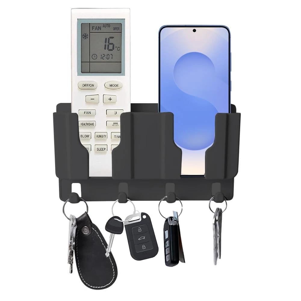 Prolet Wall Mounted Remote Control & Phone Holder With 4 Hooks – Adhesive Charging Stand & Storage Box for AC/TV Remotes and All Smartphones (BLACK) – Pack of 1