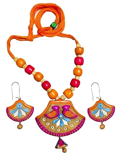 Beautiful Terracotta Handmade Jewellery Set Necklace and Earring Set for Women - Bird Pendant