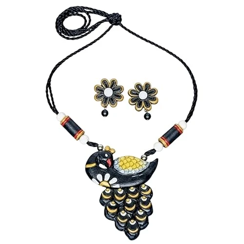 Handcrafted Terracotta Peacock Necklace Set for Women | Hand Painted Clay Pendant with Matching Earrings | Traditional Ethnic Jewelry Set for Office, Festive & Casual Wear