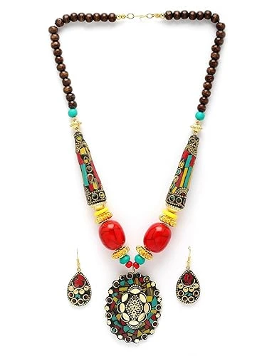 Shining Diva Fashion Latest Stylish Traditional Tibetan Pendant Necklace Jewellery Set for Women