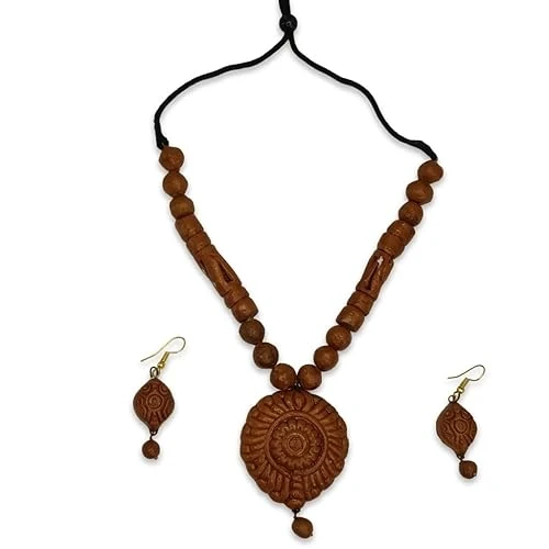 BharatSutras Handcrafted Terracotta Jewellery Set with Swastik Design, Brown, Necklace and Earring Set, Adjustable Length, Traditional Ethnic Style