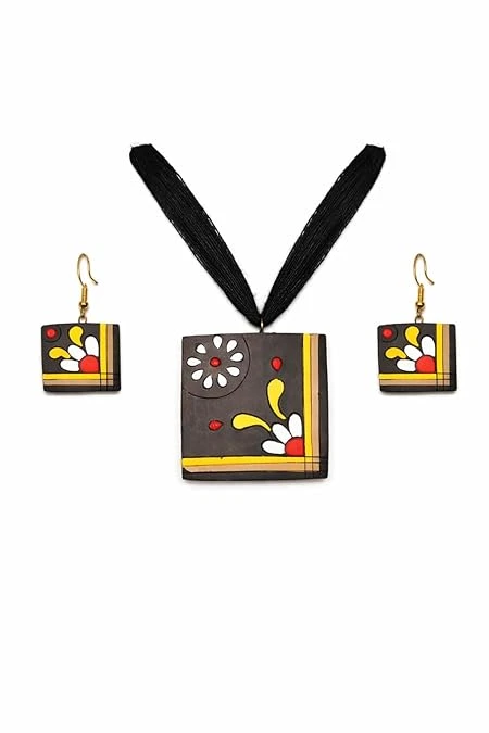 Terracotta Jewelry Set, Square Pendant Necklace and Earrings, Black Cord, Floral Design, Yellow White Red Pattern, Traditional Art