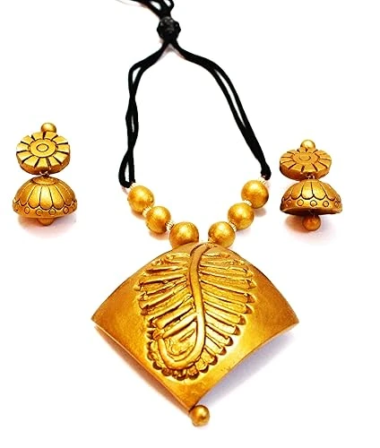 Necklace Earrings Set for women and girls, Handmade Necklace Terracotta Jewellery, Traditional Necklace Earring Set for daily use occasion (Golden)