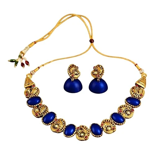 Terracotta Handcrafted Peacock Design Necklace & Earrings Set | Antique Gold Look | Black, Blue,maroon Green Colour Options