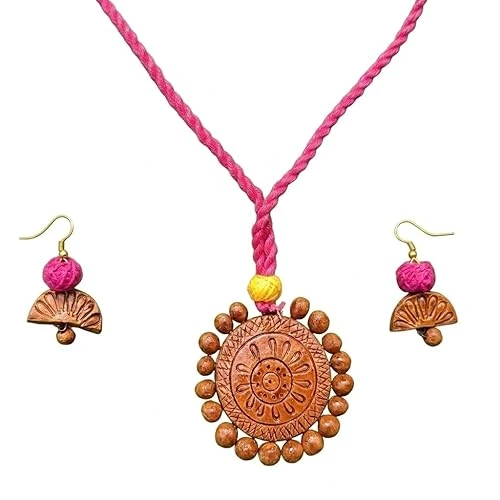 BharatSutras Handcrafted eco-friendly jewellery handcrafted from terracotta clay Jewellery Set, Necklace and Earring Set, Brown, Traditional Ethnic Style, Adjustable, Swastik Design Pendant