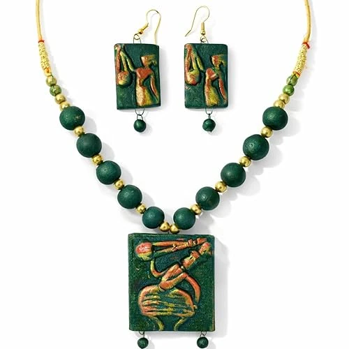 Handcrafted Terracotta Jewelry Set with Necklace and Earrings, Green and Gold, Traditional Indian West Bengal Design,Eco friendly.