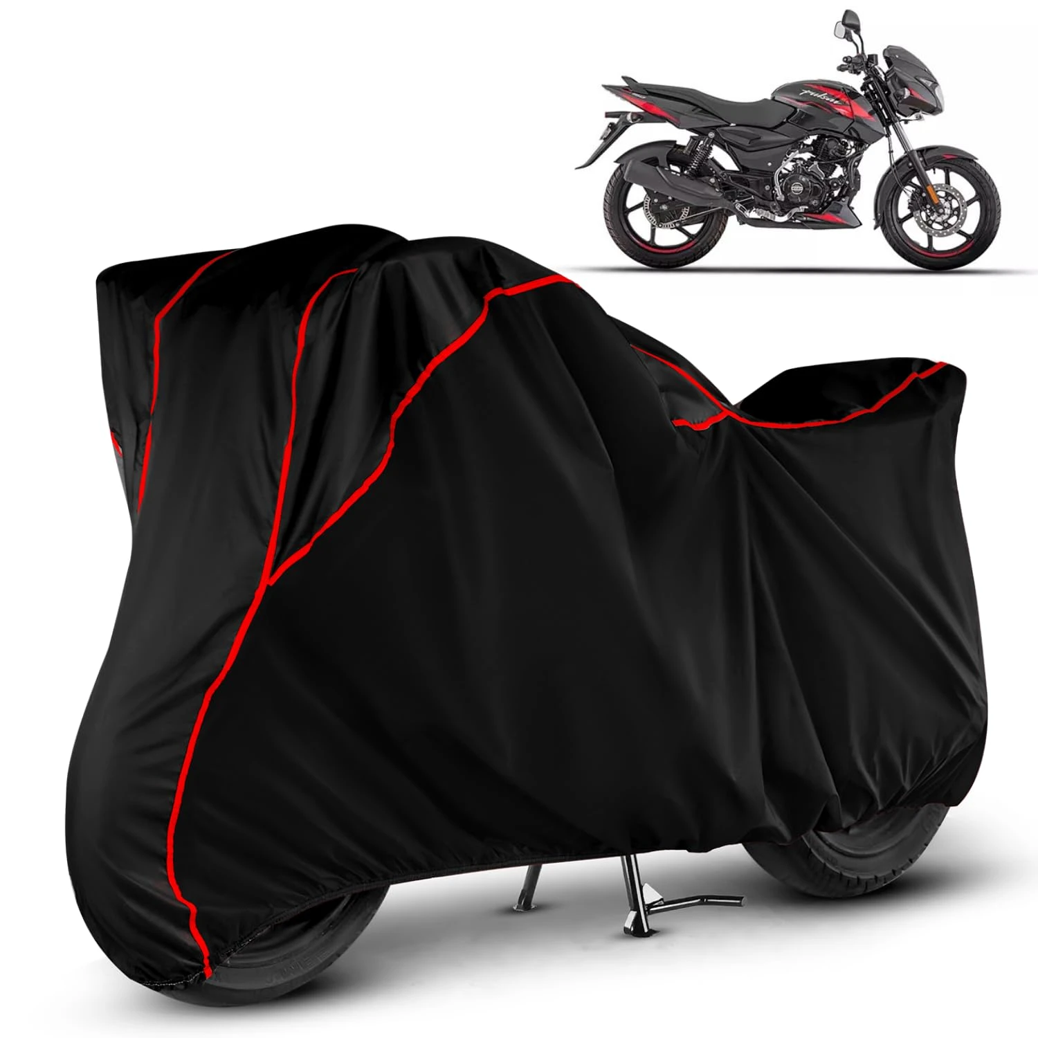 Water Resistant Bike Cover Dustproof UV Protection Bike Body Cover for Bajaj Pulsar 150 All-Weather Protection with Red Piping - Black