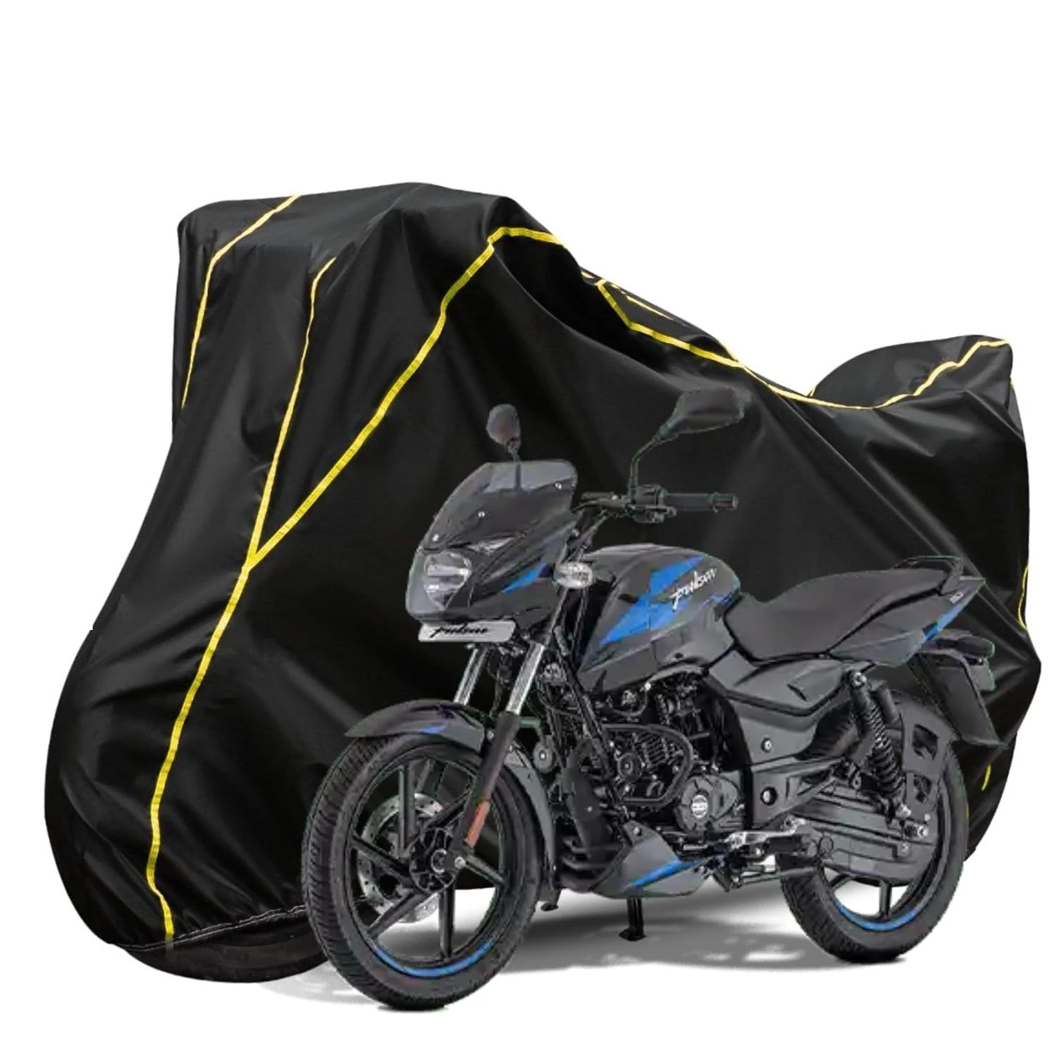 Bike Body Cover Bajaj Pulsar 150 Full Body Cover with Water Resistance, Dust Proof, UV Rays Protective, Triple Stitching Two Wheeler Covers - (Black with Water Resistance Yellow Piping)