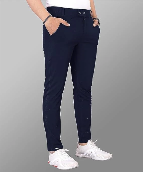 Men's Stretchable Formal Pant Trousers Polycotton Knitted Fabric Stylish Slim Fit Men's Wear Trousers for Office or Party Navy Blue (in, Numeric, 28, Regular)