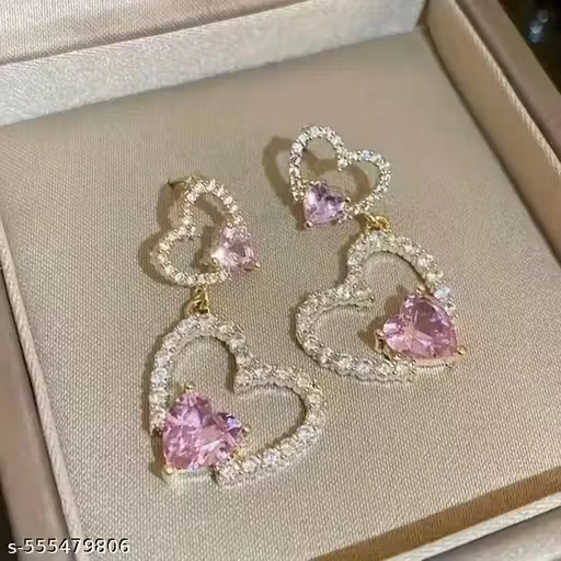 golden pink stone double heart earrings
