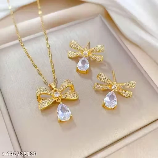 gold-plated bowknot and teardrop necklace and earrings set