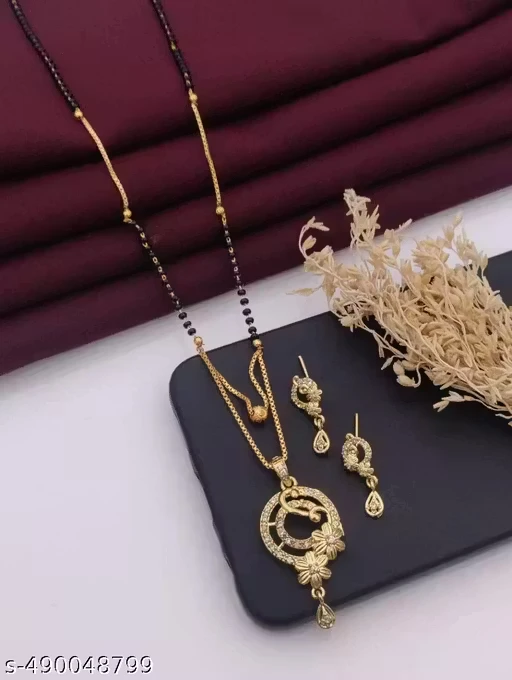 Fashion Jewellery Ethnic Gold Plated American Diamond Bridal Stylish Mangalsutra With Earrings for Women