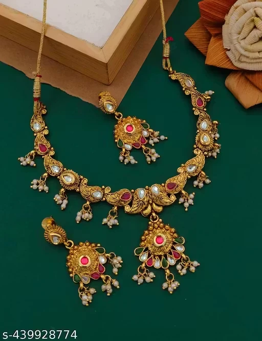 Gold Plated Matte Finished Beautiful Necklace Set With Earring Suitable On Ethnic Wear and a Perfect Gift