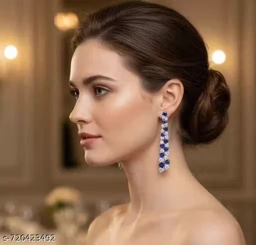 Silver Plated CZ Symmetrical Blue White Heart Dangle Drop Earring for Women