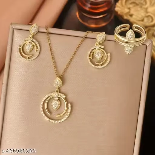 4PCS Set Of Golden Stainless Steel Jewelry Plated 18k Gold Plated Cubic Zirconia Geometric Necklace Stud Ring 4 Piece Set INS French E l e g a n t Gorgeous Retro Fashion Trend Versatile Gift Giving Men's Daily Street Commuting Party Holiday Party Wear