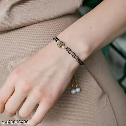 Gold Plated American Diamond Bracelet Hand Mangalsutra for Women (Black)