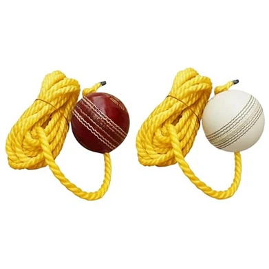 Leather Cricket Shot Practice Hanging Ball, String Cricket Ball and Knocking Cricket Ball with Rope, Red and White Pack 2