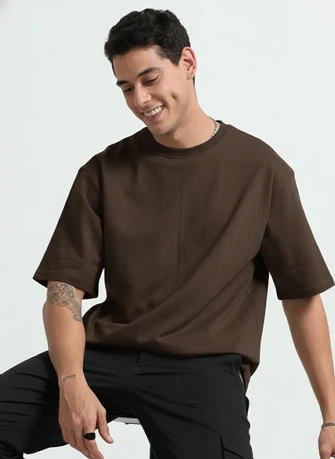 Kepto Mens Solid Oversized T-shirt- Coffee brown Size Medium