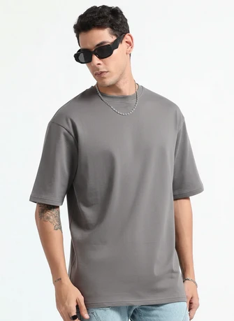 Kepto Mens Solid Oversized T-shirt- Grey Size Medium