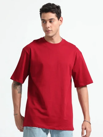 Kepto Mens Solid Oversized T-shirt- Red Size Medium