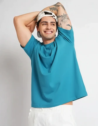 Kepto Mens Solid Oversized T-shirt- Teal Size Medium