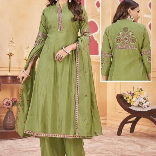 Green Roman Silk Embroidered A Line Ladies Suit Set