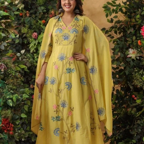 Mustard Yellow Viscose Chanderi Embroidered Ladies Kurta Set