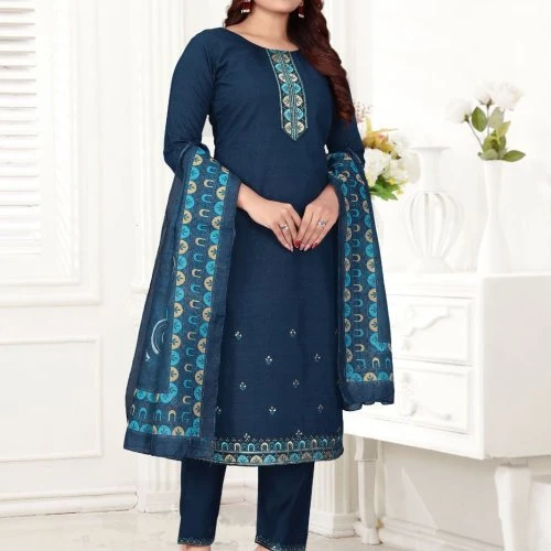 Navy Blue Pure Cotton Embroidered Ladies Kurta Set