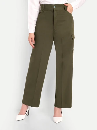 Kapto Women Olive Green High-Rise Straight Fit Cargo Trousers Size 28
