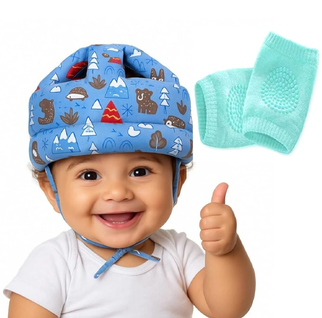 Baby Infant Toddler Helmet No Bump Safety Head Cushion Bumper Bonnet Adjustable Protective Printed Cap Child Safety Headguard for Running Walking Crawling Safety Helmet (Blue with Knee Pad)