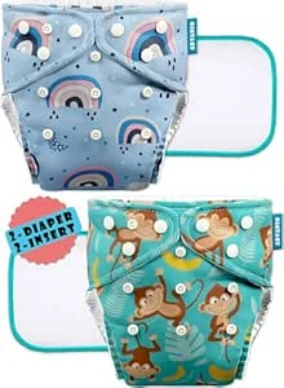 Leakage-proof cloth diapers for babies, high absorbent 2 reusable diaper 2 insert pad combo pack washable cloth diaper free size 5-18kg baby adjustable pocket cover