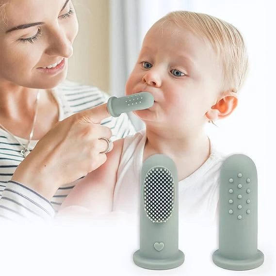 iny Smiles Gummy Finger Toothbrush for Babies | BPA-Free Silicone 2 in 1 Brush & Tongue Cleaner with Storage Case | Oral Care for 0+ Months | Safe & Travel-Friendly (Olive Green)