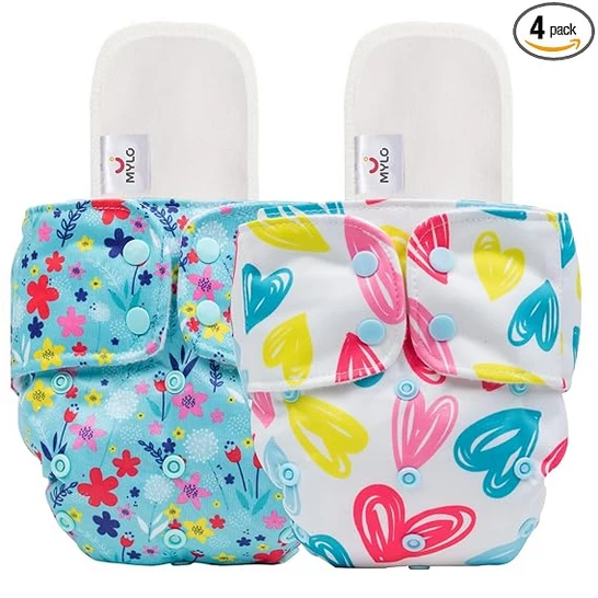 Leak-Proof Baby Cloth Diaper Combo (2 Diapers + 2 Inserts) | Free Size (3M-3Y) | High Absorption | Quick Dry | Oeko-Tex Certified | Washable - Floral & Heart