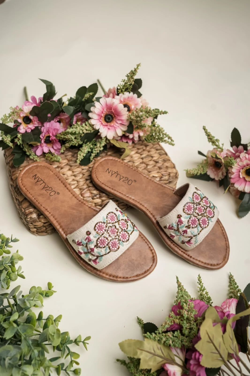 Embroidered Floral Slide Sandals