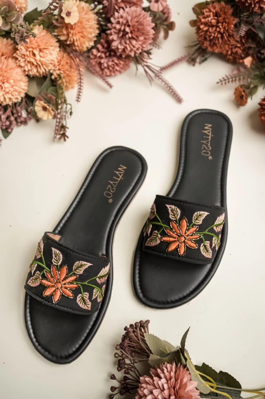 Women’s Orange Flower Flat Slippers – Handcrafted Ethnic Slip-On Footwear with Floral Design & Comfortable Cushioned Sole”