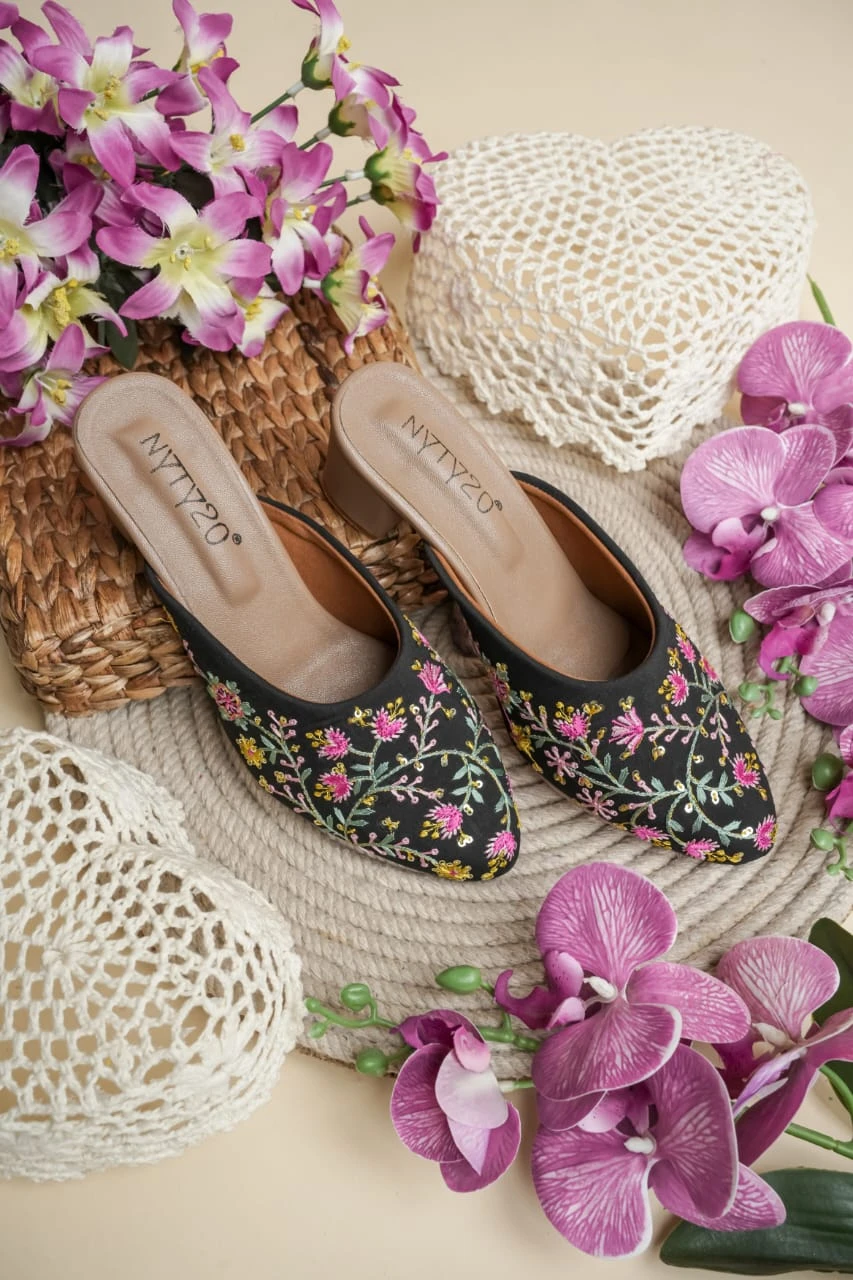 Women's Embroidered Mules Block Heels | Ethnic Slip-On Heeled Flats for Woman | Embellished Work
