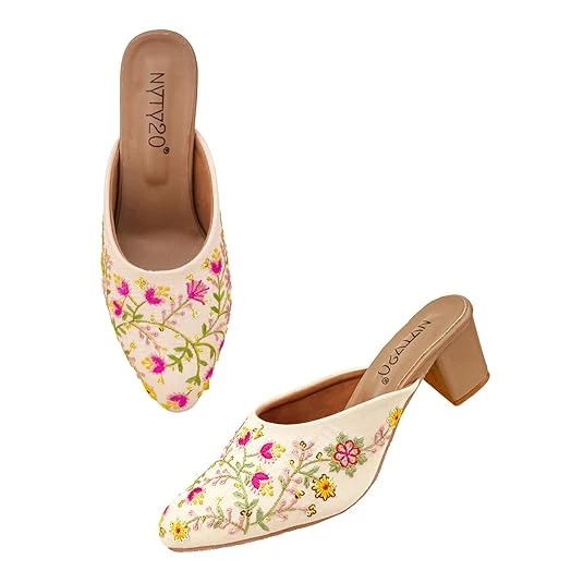 Women's Embroidered Mules Block Heels | Ethnic Slip-On Heeled Flats for Woman | Embellished Work