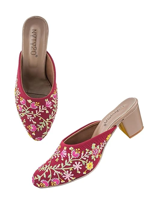 Women's Embroidered Mules Block Heels | Ethnic Slip-On Heeled Flats for Woman | Embellished Work