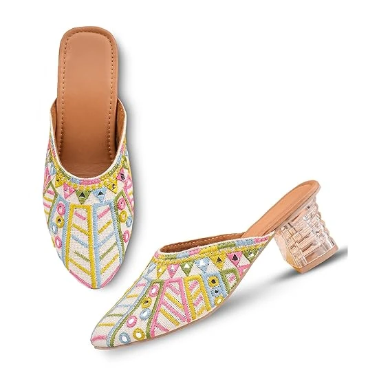 Women's Embroidered Mules Block Heels | Ethnic Slip-On Heeled Flats for Woman | Embellished Work