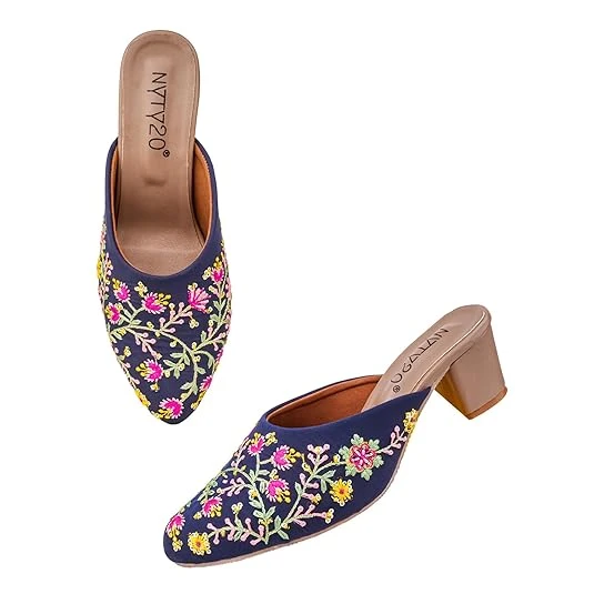Women's Embroidered Mules Block Heels | Ethnic Slip-On Heeled Flats for Woman | Embellished Work