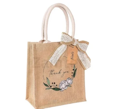 Beige Printed Jute Rope Handle Lunch Bag Pack of 10