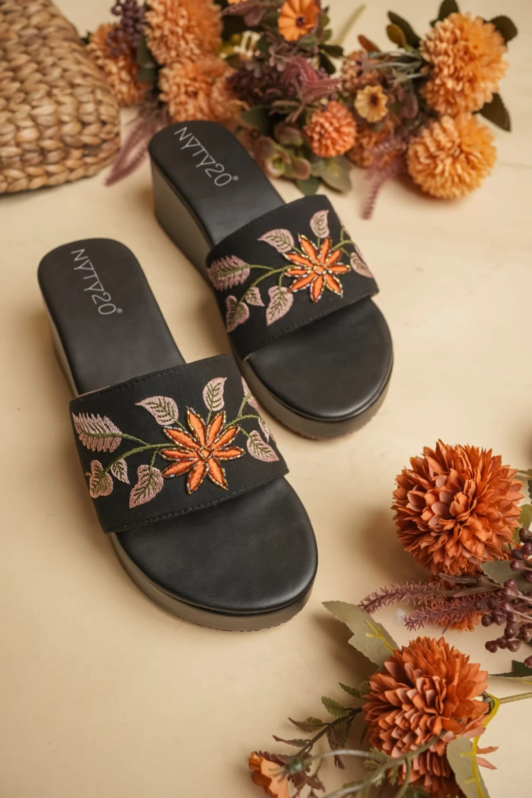 Women's Black Embroidered Sandals | Canvas Ethnic Platform Heels | Embellished Casual Wear