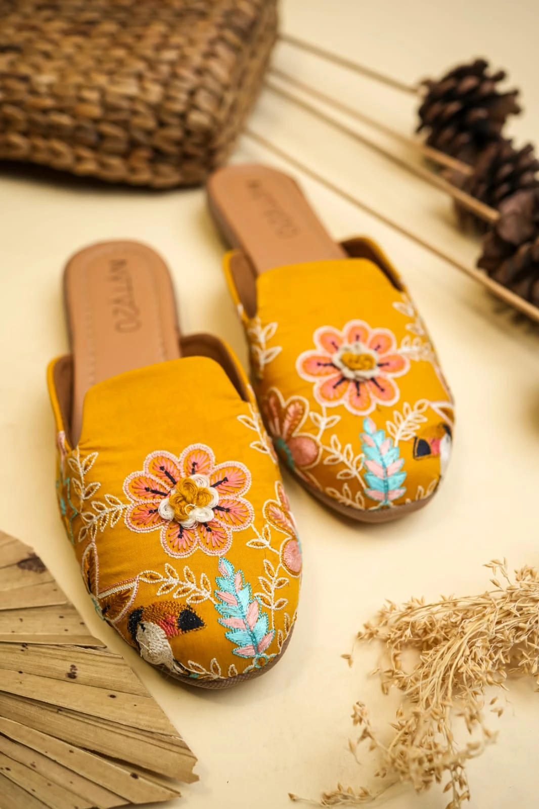 Women's Mustard Canvas Handcrafted Embroidered Bellies