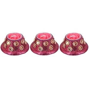 andle Diya Set For Diwali Puja, Christmas, New Year Lights And Home Decoration | Deepak For Festival, Gifts Light With Glitter Handmade Waxed Diyas, Size-8x8x3.5cm , Colour-Red, Set Of 3