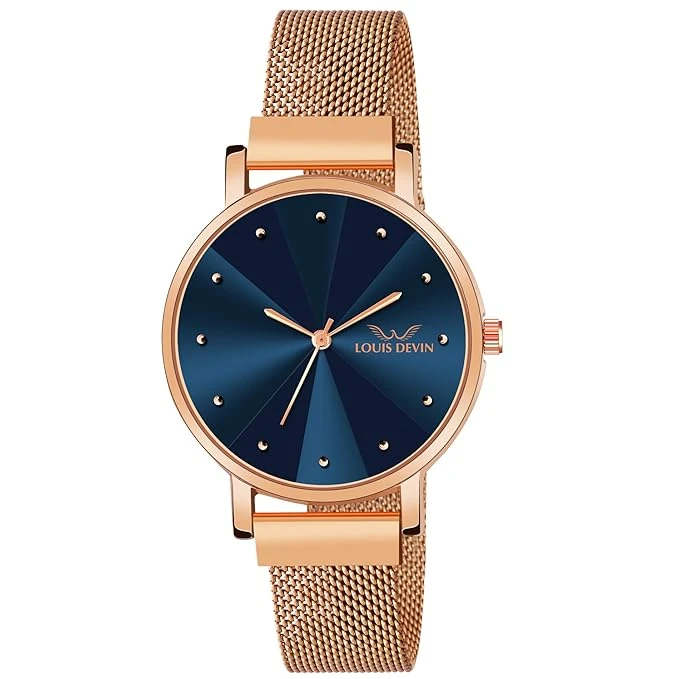 Rose Gold Plated Mesh Chain Analog Wrist Watch for Women (Blue/Green/Brown/Black Dial)
