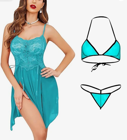 Combo of Women lace Babydoll Lingerie with Panty and Net Bikini Bra g-String Panty Lingerie Set Size 34