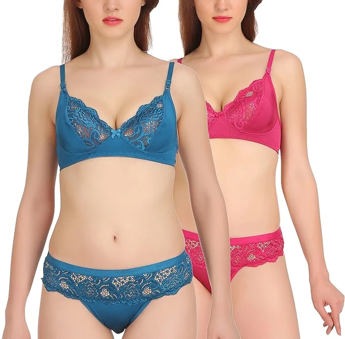 Fashion is my style Women?s Girls Satin Nylon Lycra Spandex (4 Way) Beach Wear Bra Panty Bikini Girls Lingerie Set Women Lingerie Set Pack of 2 Bra Panty Size 34