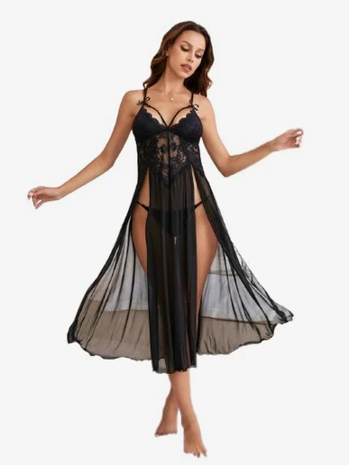 Honeymoon Nighty Lingerie Set for Women for Honeymoon Womens Night Wear Satin Silky Robe Womens and Lingerie Bikini Set (Net Free Size) Black