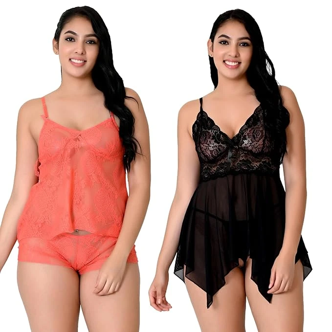 Love Maker, Women's Cotton Satin Lingerie Bra & Panty Set, Combo Pack of 2 in Red, Pink, Black, Medium