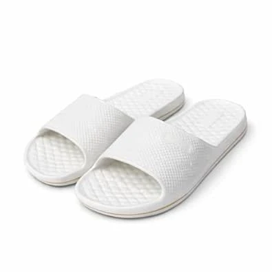Comfort Plus White Textured Slide Slippers with Orange Trim, Lightweight Open Toe Sandals, Massage Footbed, Waterproof Casual Flip Flops